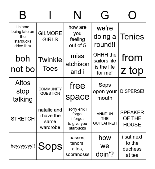 Choir Bingo Card