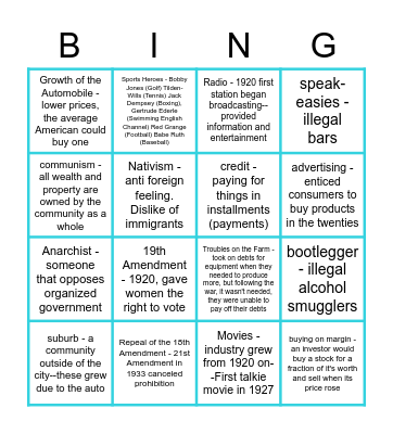 1920s Bingo Card