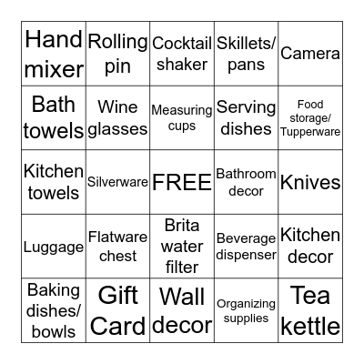 Sarah's Gift Registry Bingo Card