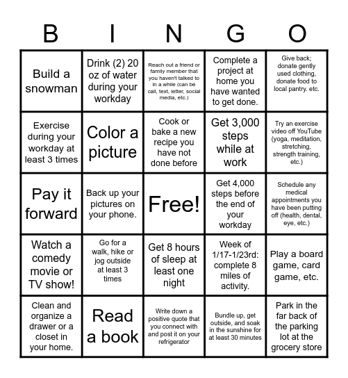 Self-Care Bingo Card- January 2021 Bingo Card
