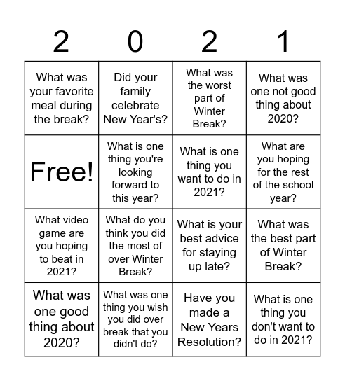 New Years Questions Bingo Card