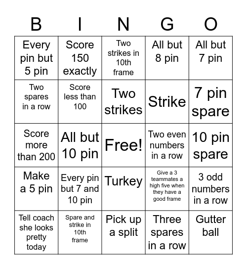 Bowling Practice Bingo Card