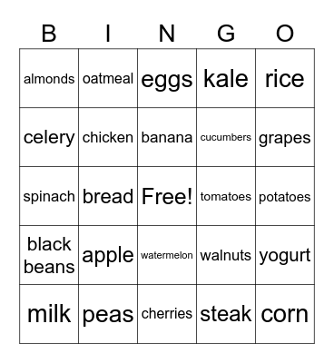 MyPlate Foods Bingo Card