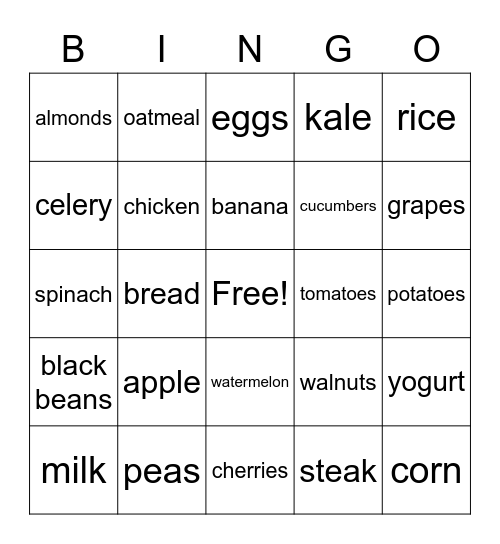 MyPlate Foods Bingo Card