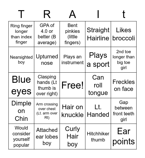 Traits Bingo Card