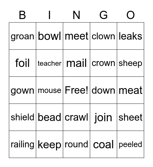 Vowel Digraphs/Diphthong Review Bingo Card