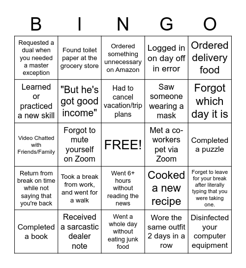 COVID-19 Work Bingo Card