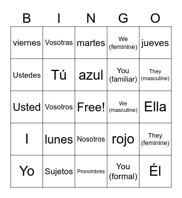 Spanish Subject Pronouns Bingo Card