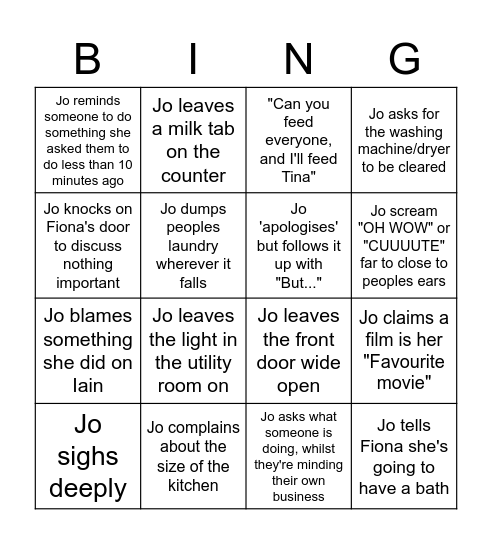 A day in the life of Jo Bingo Card