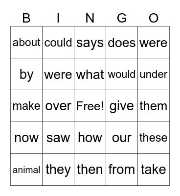Sight Words Bingo Card