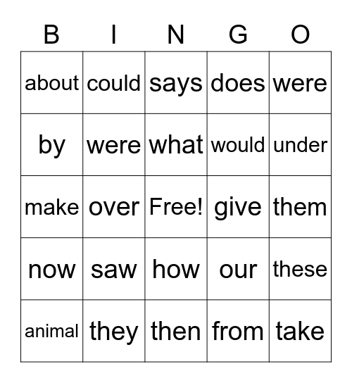 Sight Words Bingo Card
