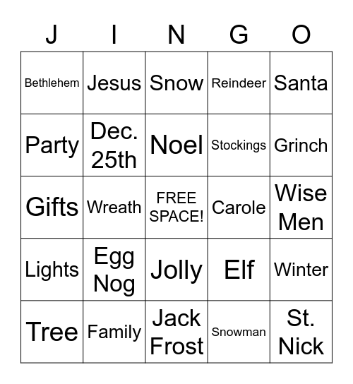 Holiday "JINGO" Bingo Card