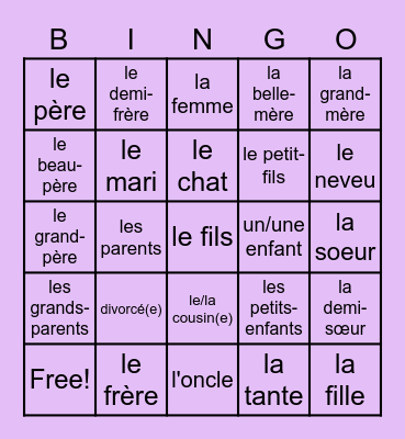 French Family Members Bingo Card