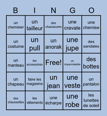 French Clothing and Accessories Bingo Card