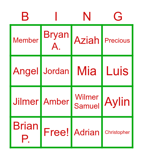 4th Period Bingo Card