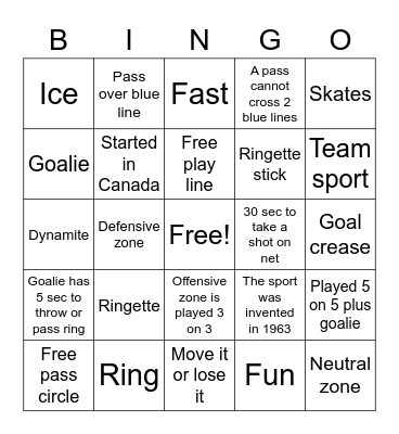 Ringette Bingo Card