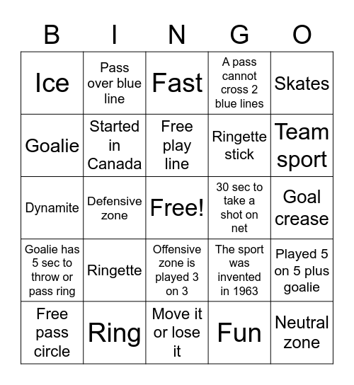Ringette Bingo Card