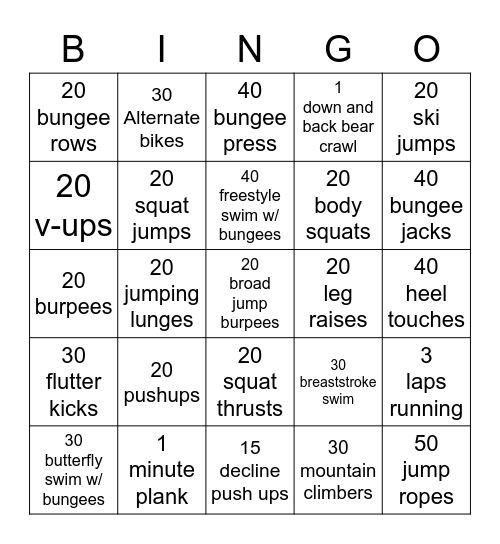 Fitness Bingo Card