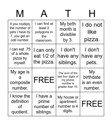 Intro March Math BINGO Card