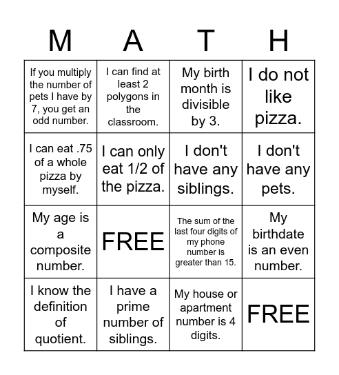 Intro March Math BINGO Card