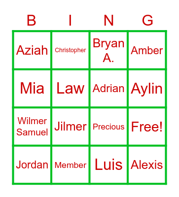 4th Period Bingo Card