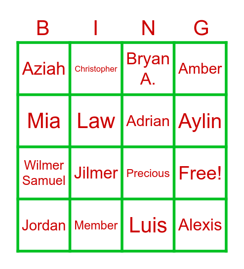 4th Period Bingo Card