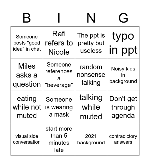 ZOOM! Bing Bingo Card