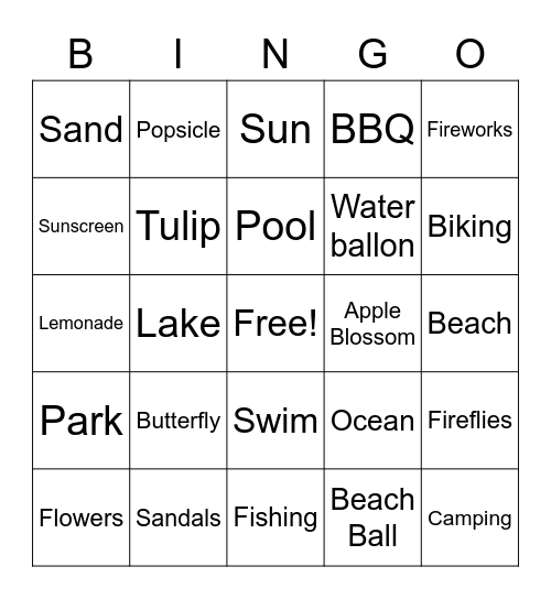 Spring and summer Bingo Card