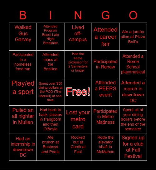 CUA Bingo! Bingo Card