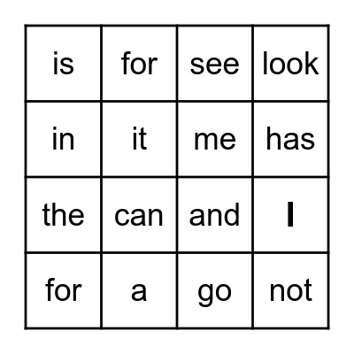 Sight Words Bingo Card