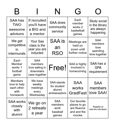 SAA Open House BINGO Card