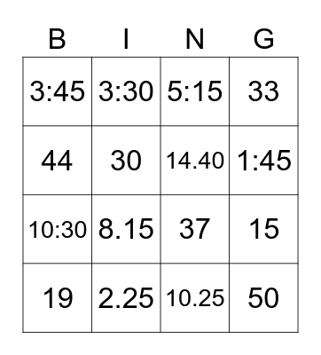 Numbers/Money/Time Bingo Card