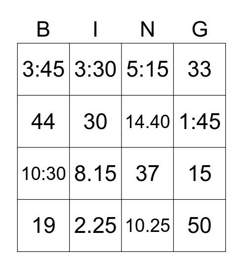 Numbers/Money/Time Bingo Card