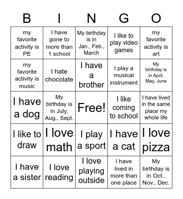 Getting to Know You Bingo Card