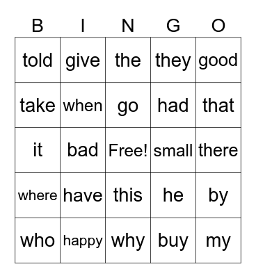 Sight Words and Verbs Bingo Card