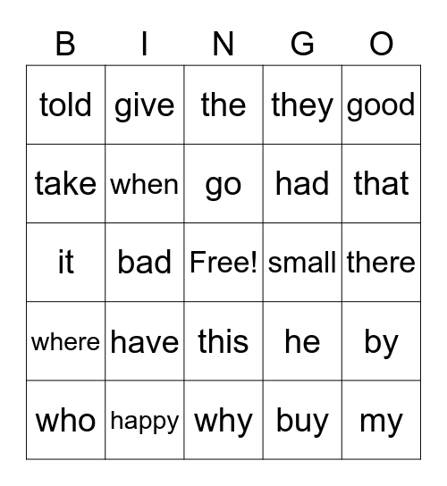 Sight Words and Verbs Bingo Card