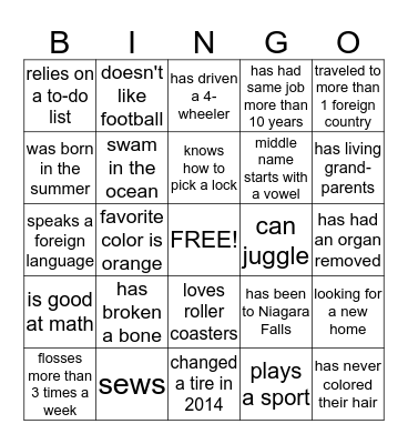 Schuch family BINGO Card