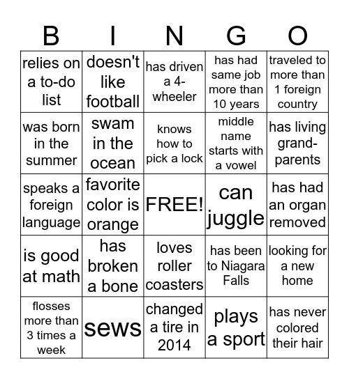 Schuch family BINGO Card