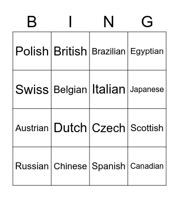 Nationalities Bingo Card