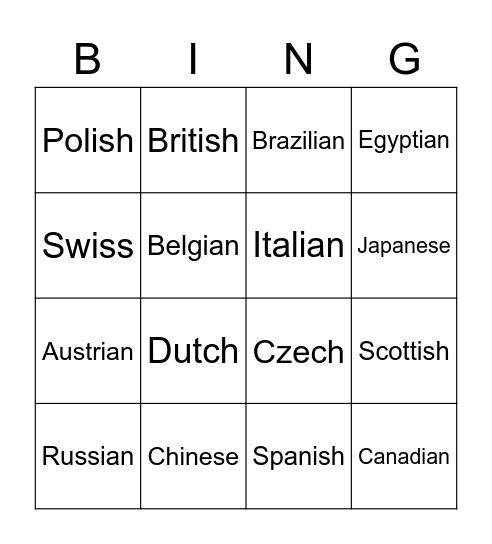 Nationalities Bingo Card