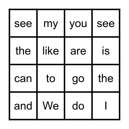 Sight Words Bingo Card