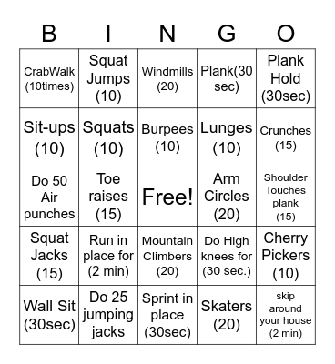 Fitness Bingo Card