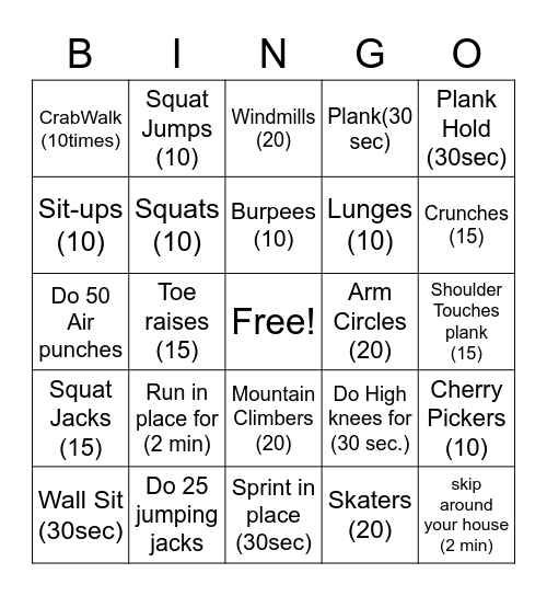 Fitness Bingo Card