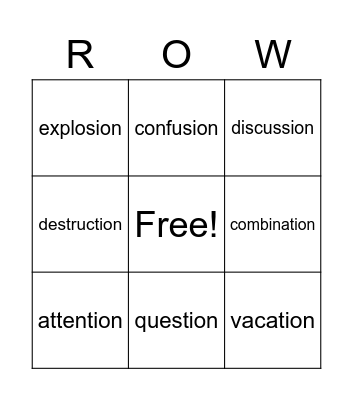 TION and SION words Bingo Card