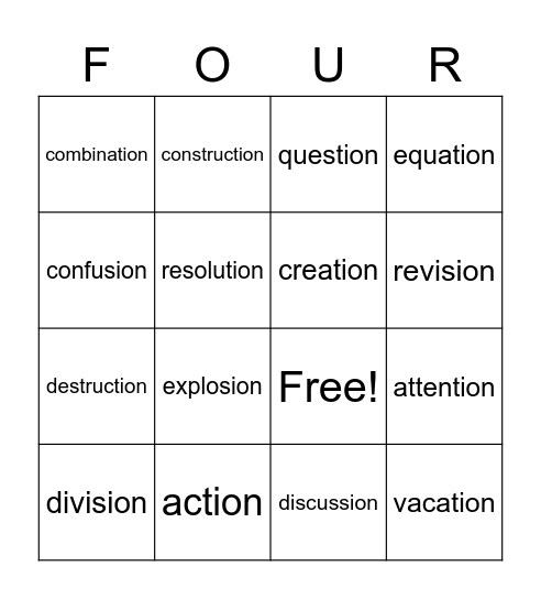 TION and SION words Bingo Card