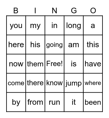 Sight Words Bingo Card