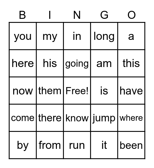 Sight Words Bingo Card