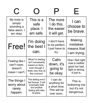 Coping Talk Bingo Card