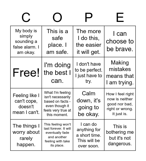 Coping Talk Bingo Card