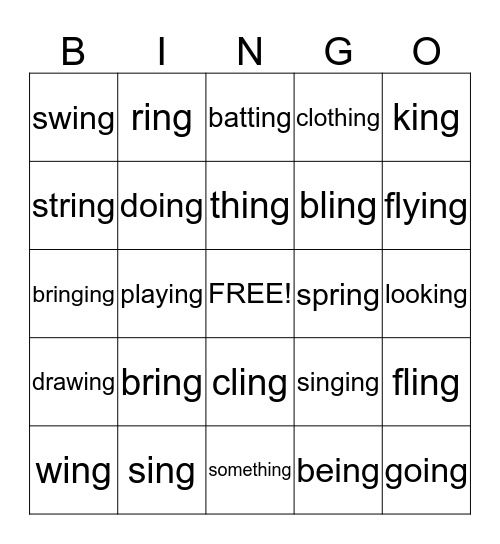 BINGO with -ING words Bingo Card